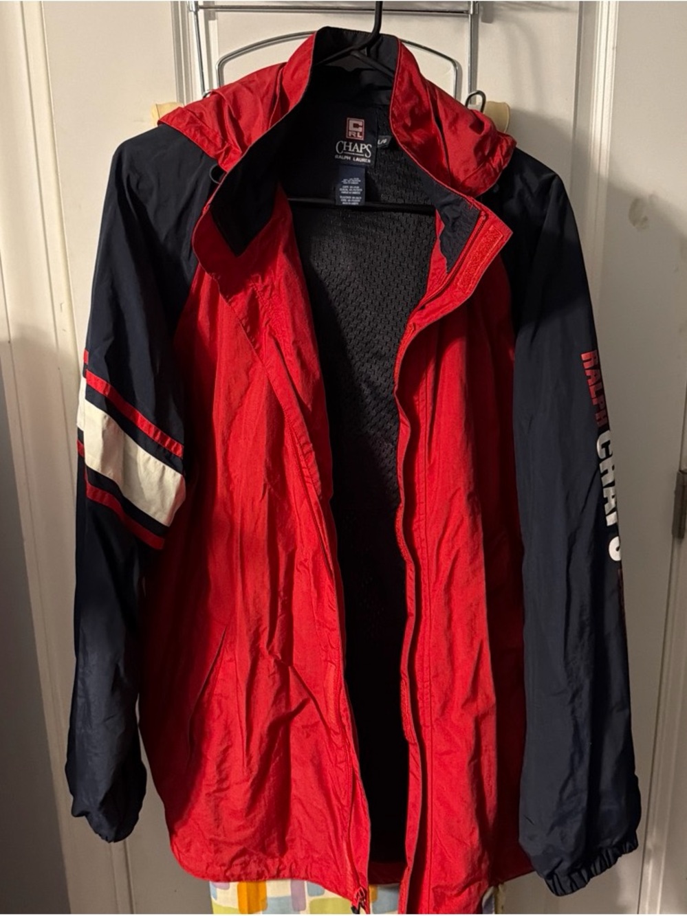 Chaps Men's Red and Navy Colorblock Windbreaker with White Stripe